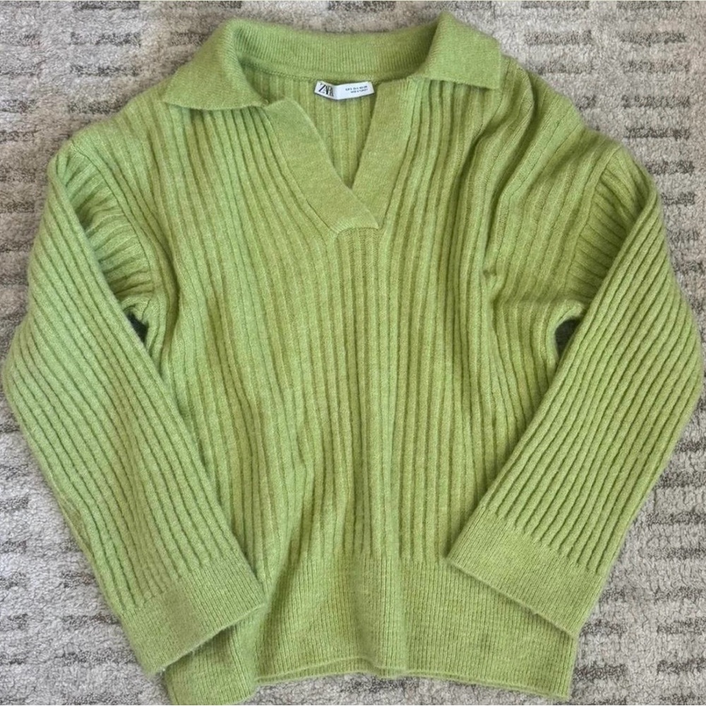 Zara Green Ribbed Polo Sweater